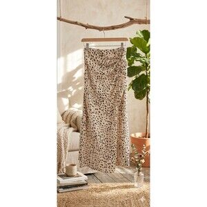 Micas Women’s Ruched Midi Skirt Dalmatian Print Side Zip Thigh Slit NWT Size M